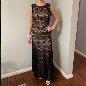 Betsy & Adam black lace evening gown